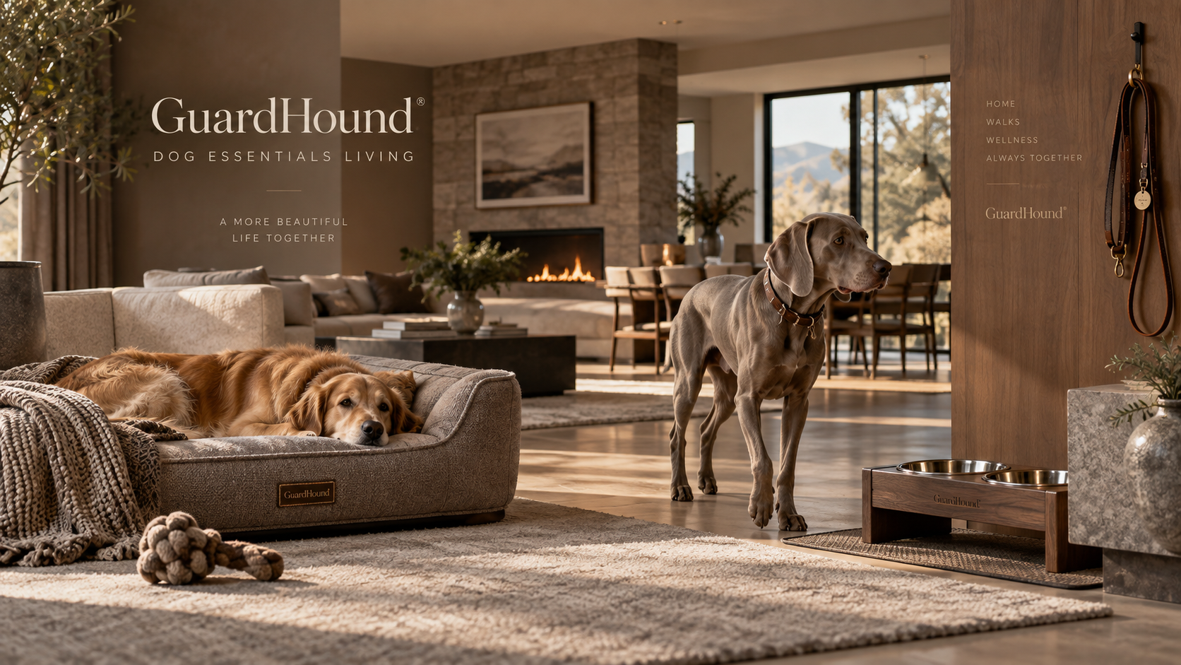 GuardHound brand campaign · DOG ESSENTIALS LIVING · everyday dog essentials