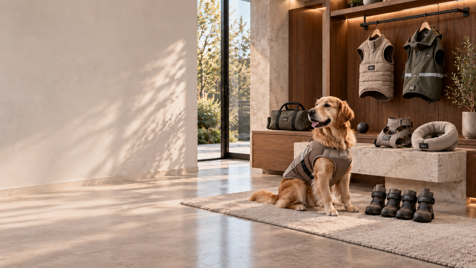 Modern premium home entry: a quilted warm dog coat and a hooded waterproof protection jacket with reflective trim hang on a light-wood coat rail, soft protection collars and chest guards sit on a low stone bench, a full set of GH dog shoes is lined up on the rug, and a Golden Retriever in a protection jacket sits among them