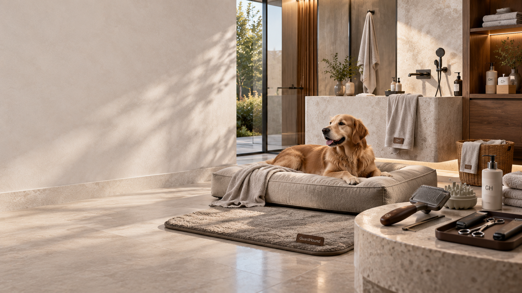 Dog grooming and care scene: a grooming table under natural light against a warm grey wall, with brushes, grooming scissors and wash bottles on the surface, dog absorbent towels stacked in a rattan basket, and a Golden Retriever lying on a care mat