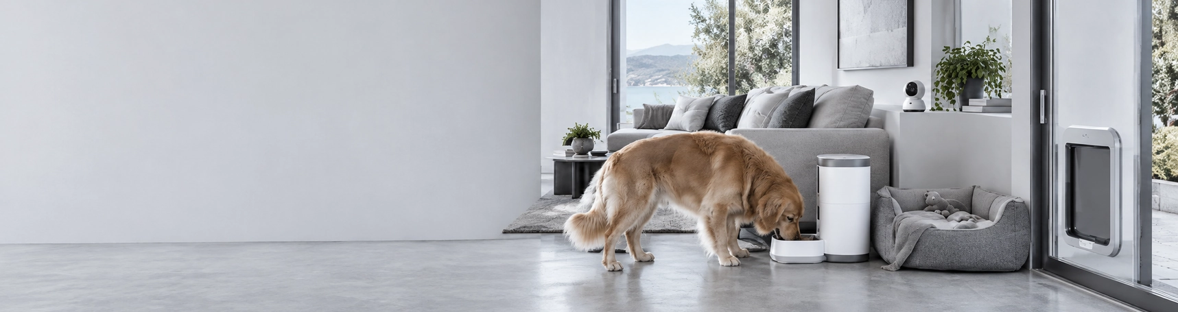 In a modern living room, a golden retriever eats beside a smart feeder, next to a pet bed, a smart camera and a pet door in a glass door