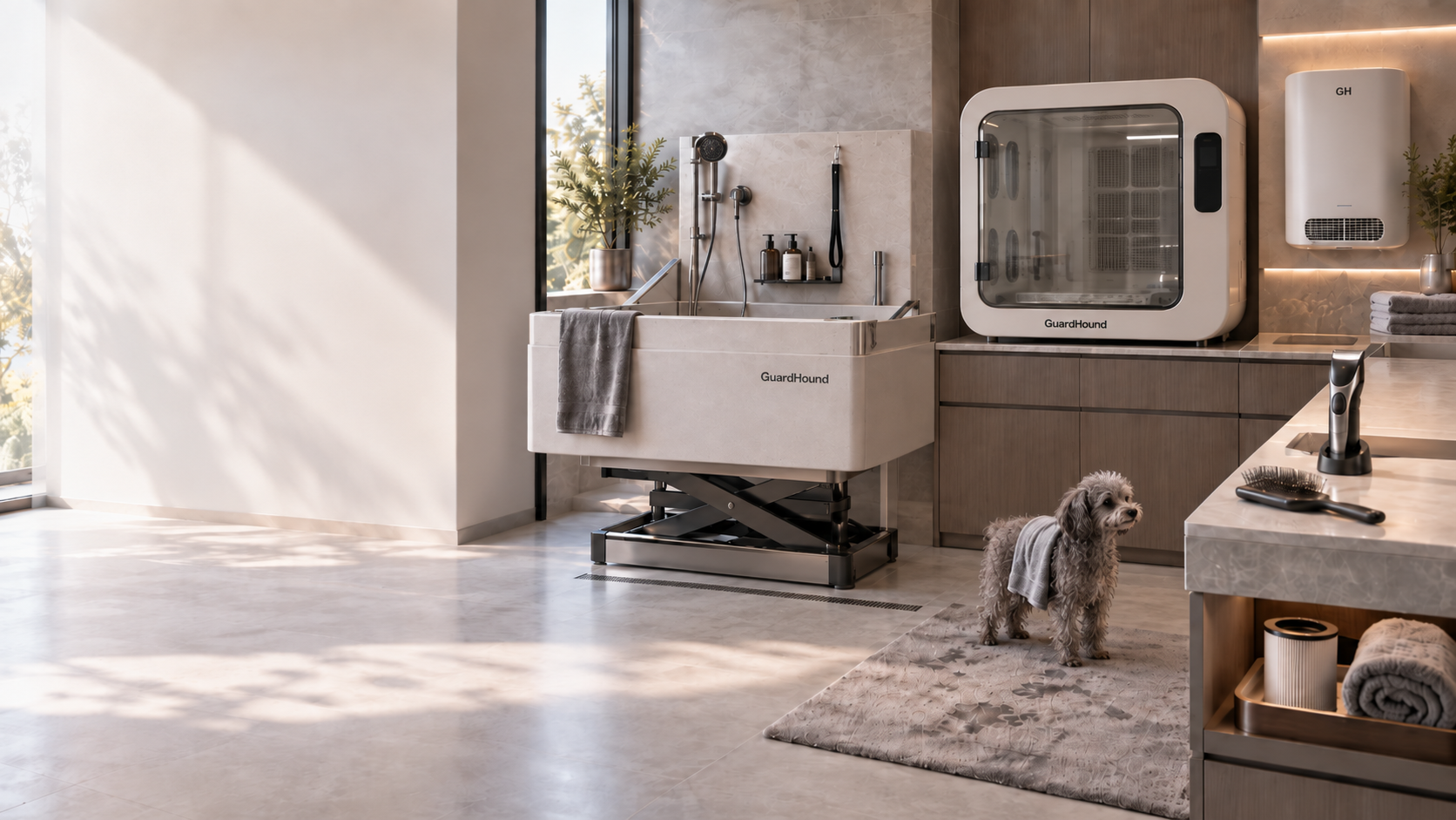 GuardHound smart dog cleaning & care system · residential wash scene: smart wash table and tub, smart drying cabinet, wall-mounted air-cleaning unit, coat trimming and brushing tools, and cleaning-care accessories
