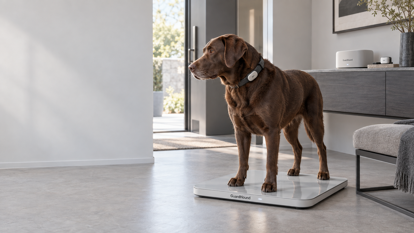 GuardHound smart dog health & activity scene: in the entry hall of a modern home, a chocolate Labrador stands naturally on a GuardHound-branded smart scale wearing a GH activity-tracking module, with a GuardHound home health dock and GH wearable sync module on the side cabinet, everyday weight and activity data syncing continuously in the home setting