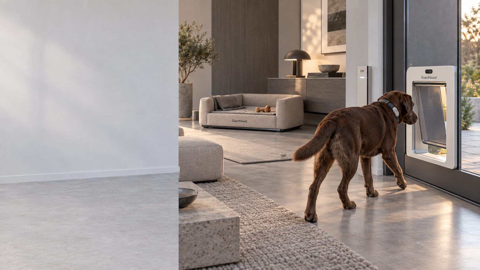 GuardHound smart living & access scene · modern premium home: a dog walking from the home-comfort zone toward a smart pet door, with a climate-controlled smart kennel, a comfort mat and indoor zone-access devices in the same frame