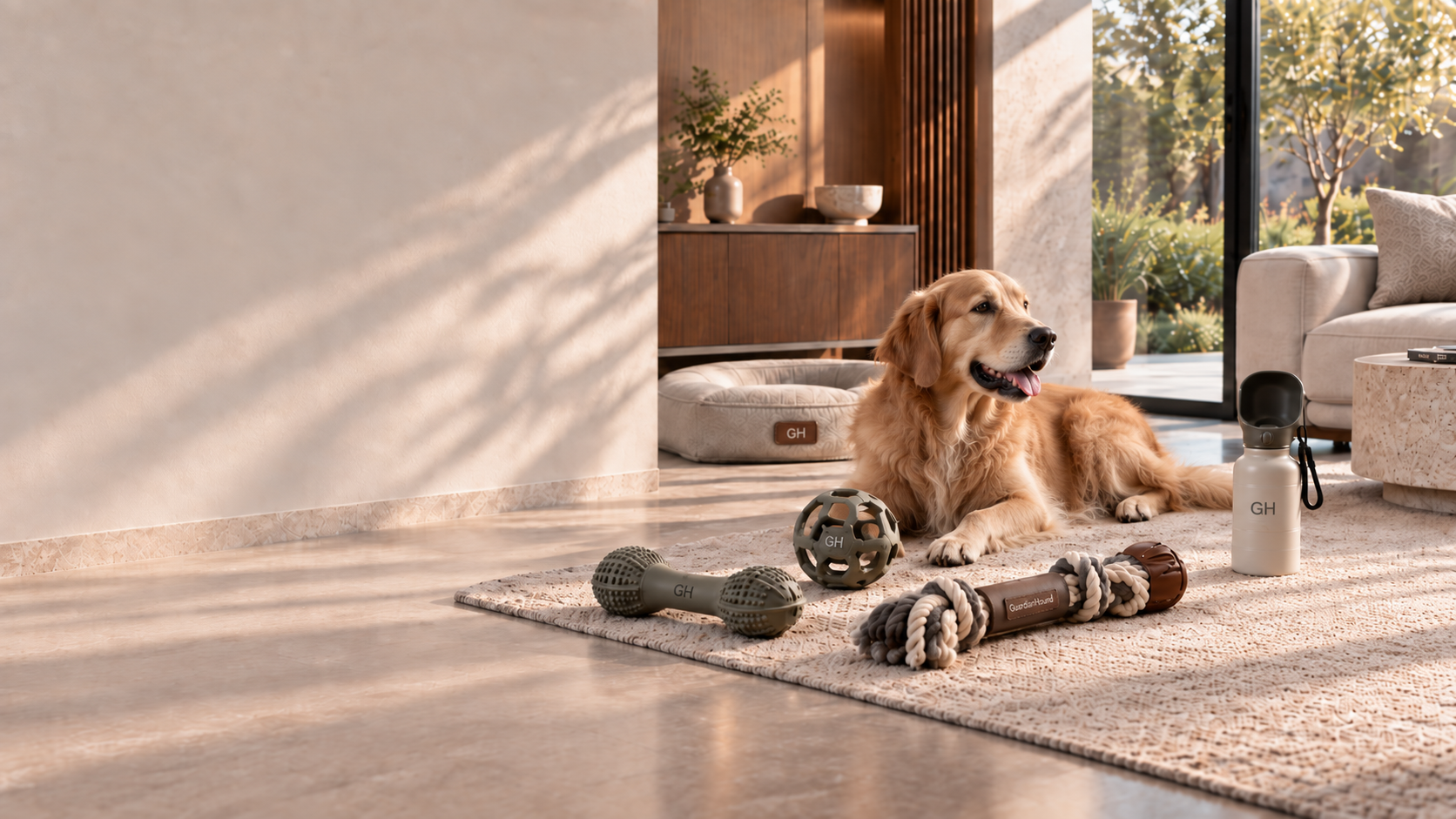 A dog toy family laid out on the living-room floor of a modern premium home: an olive-green durable chew bone, a hollow rubber chew ball, a cotton-rope tug knot with a brown leather handle embossed GuardHound, and a woven snuffle mat — with a Golden Retriever resting alongside on the right, and greige walls and natural light negative space on the left