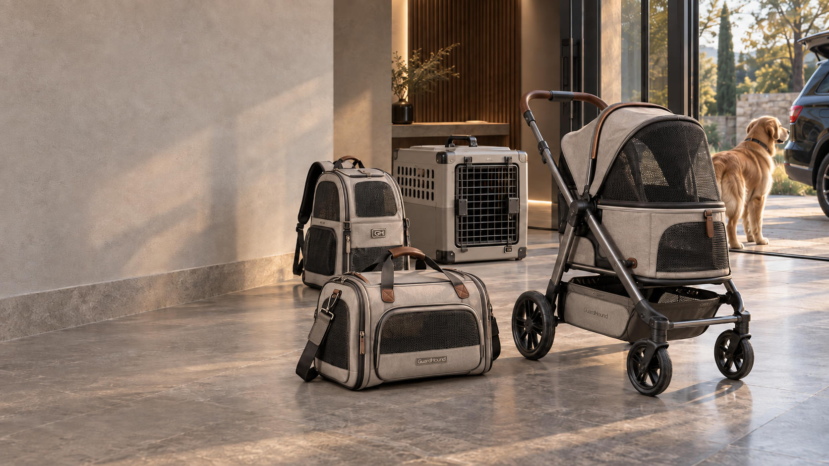 GuardHound Travel & Carry collection — modern premium home entry: a dog crate, carry bag, dog backpack and dog stroller forming the Travel Collection, with a Golden Retriever waiting by the door