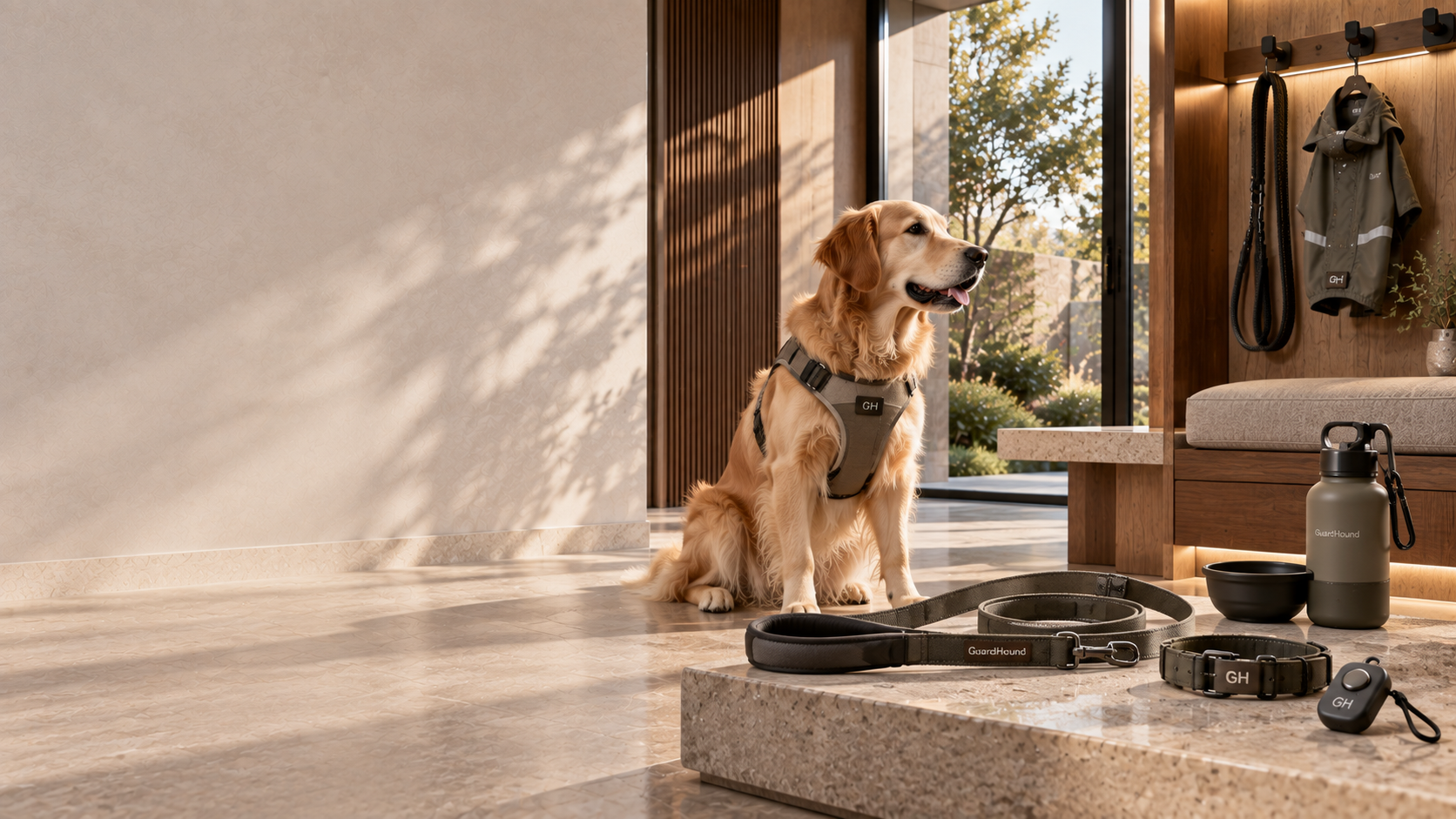 Modern premium home entry: a Golden Retriever wearing an olive GH harness sits beside a stone step, with a GuardHound leather lead, GH collar, GH training clicker and portable outdoor water bottle displayed on the ledge, against a warm greige wall and natural window light